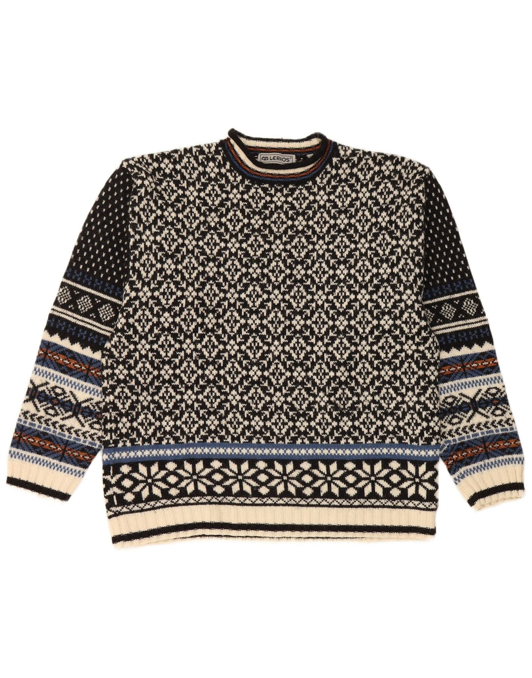 Lerros Herren-Pullover mit Rundhalsausschnitt, mittelschwarz, Fair-Isle-Wolle
