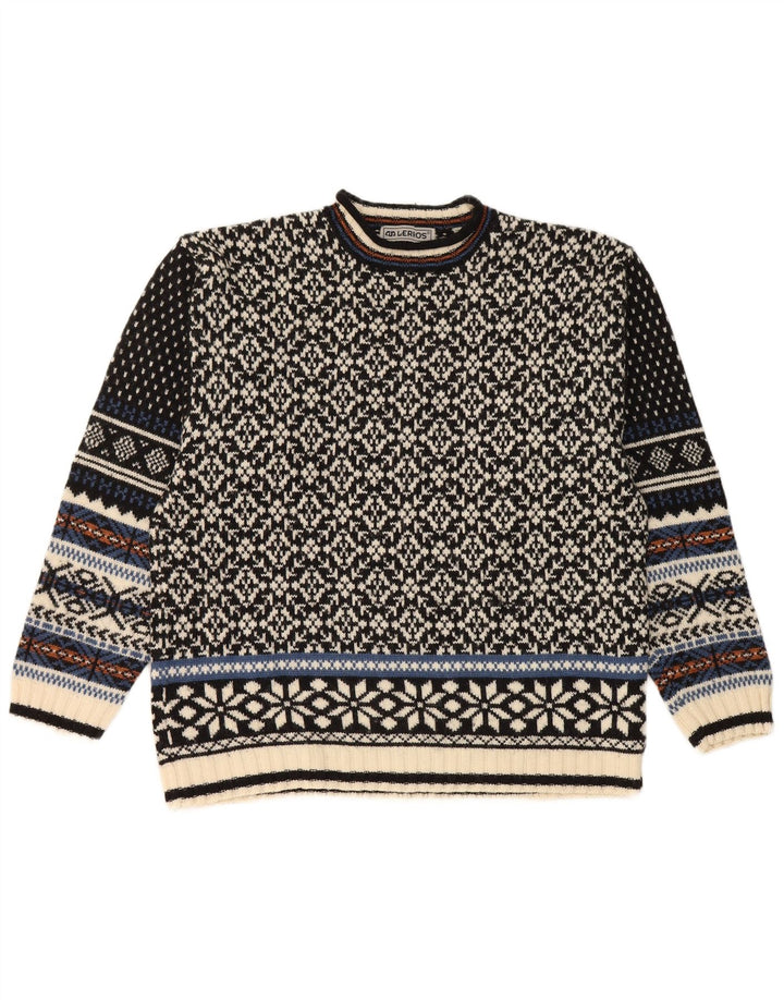 Lerros Herren-Pullover mit Rundhalsausschnitt, mittelschwarz, Fair-Isle-Wolle