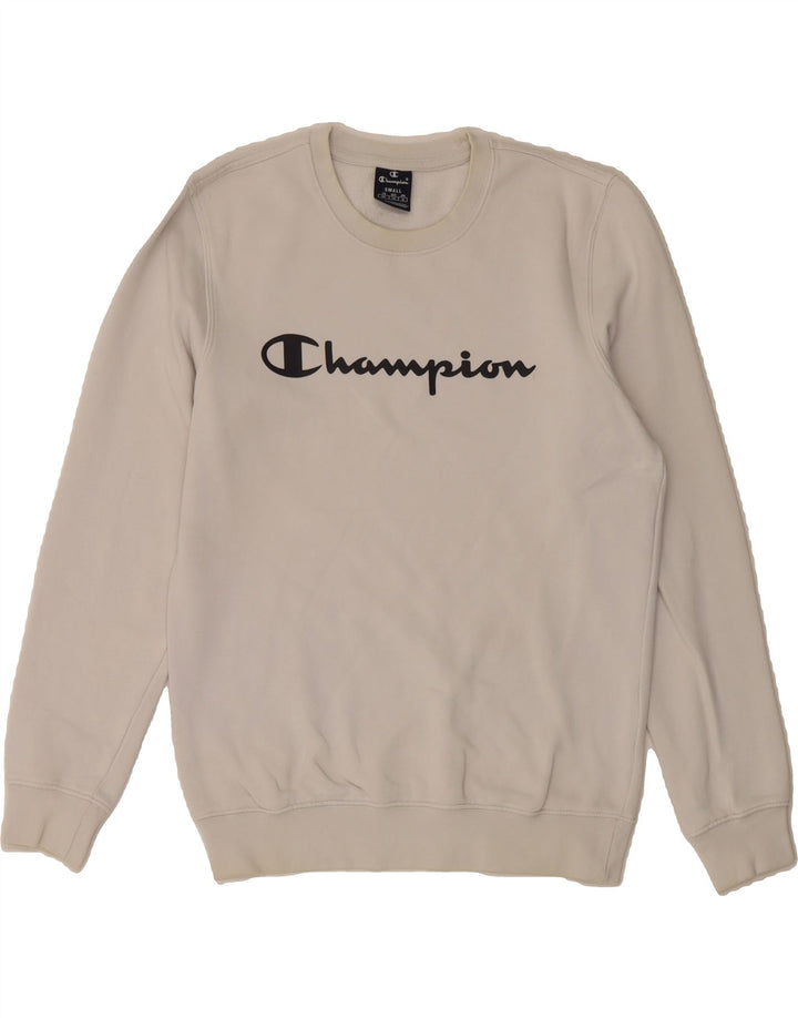 CHAMPION Mens Graphic Sweatshirt Jumper Small White Cotton Vintage Champion and Second-Hand Champion from Messina Hembry 