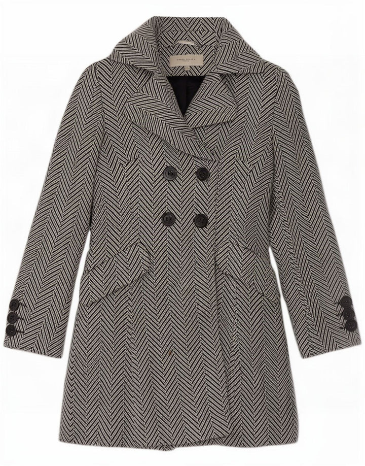 Karen Millen Damen Zweireihiger Mantel UK 10 Small Schwarze Wolle mit Fischgrätenmuster