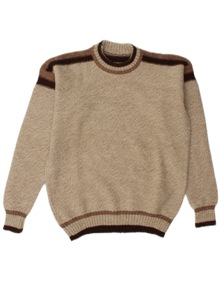 Vintage Herren-Pullover mit Rundhalsausschnitt, Mittelbeige, Farbblock-Acryl