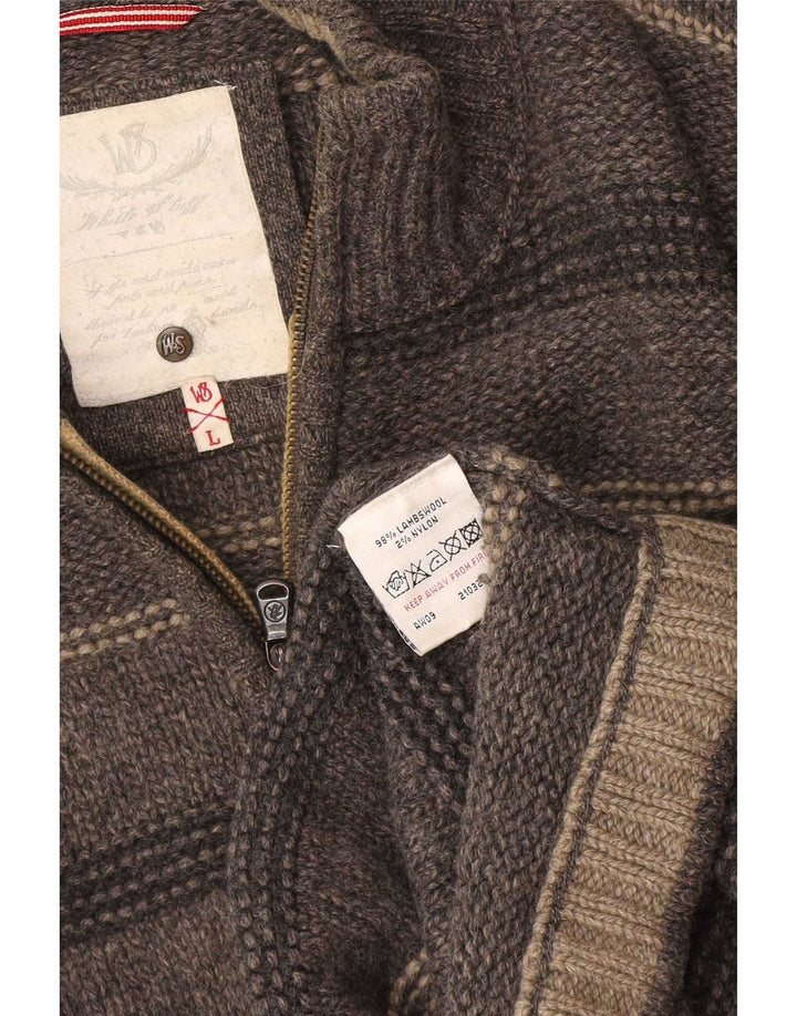 White Stuff Herren-Pullover mit Reißverschluss am Hals, große, grau gestreifte Lammwolle