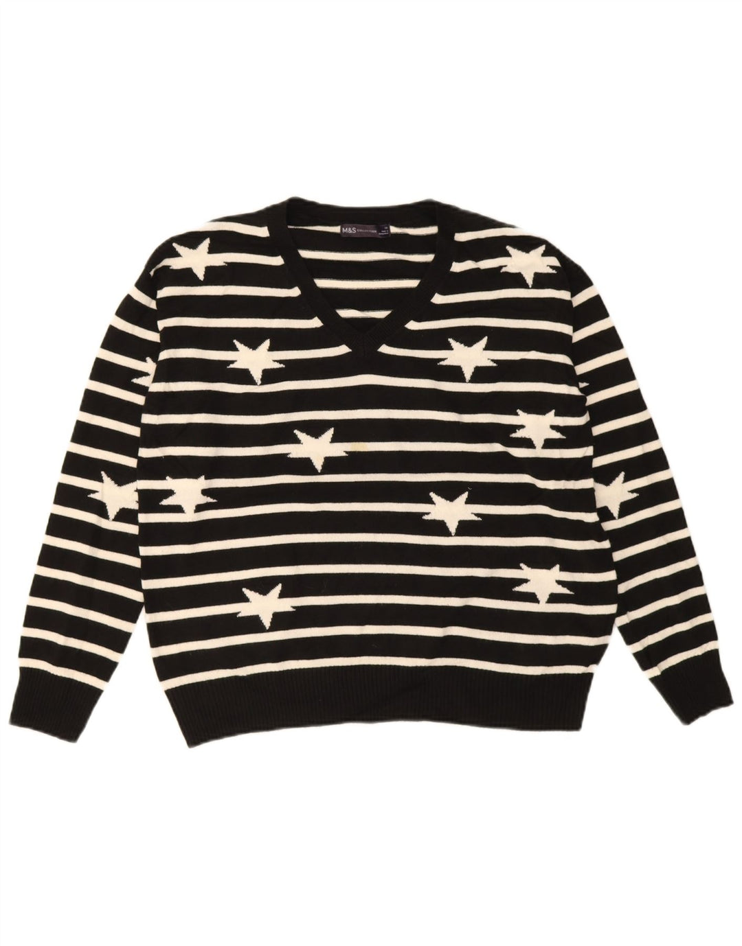 Marks & Spencer Damen-Pullover mit V-Ausschnitt, Gr. 14, Größe L, schwarz gestreift