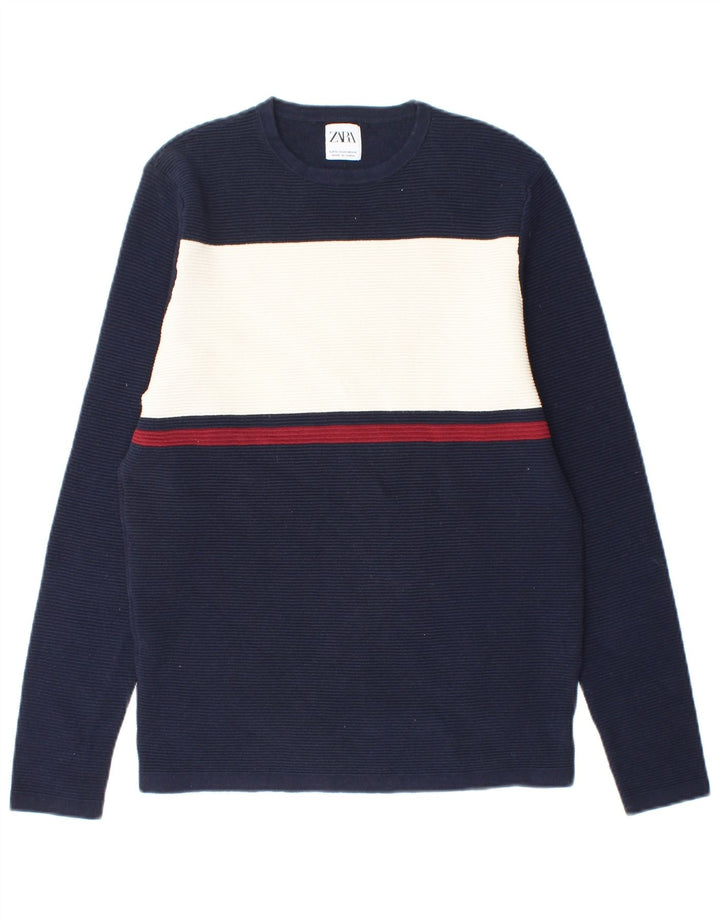 ZARA Herren-Pullover mit Rundhalsausschnitt, mittlerer marineblauer Farbblock-Baumwolle