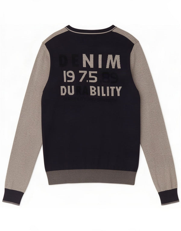 Jack & Jones Mens Graphic V-Neck Jumper Sweater Large Grey Colourblock