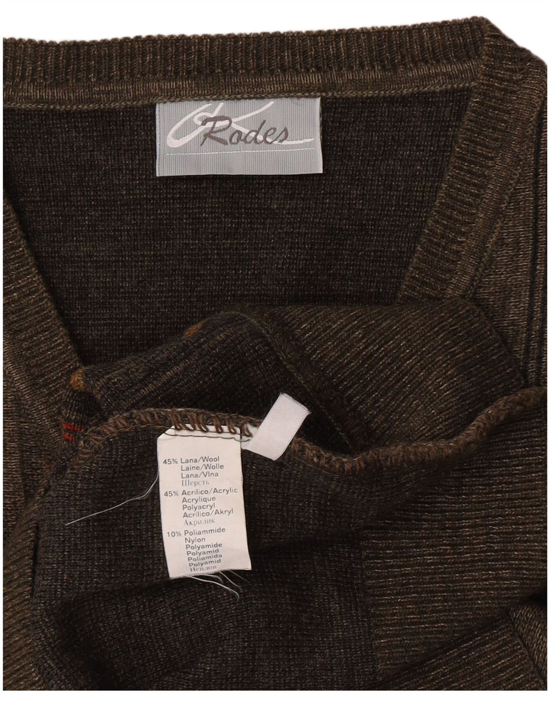 Rodes Herren-Pullover mit V-Ausschnitt aus mittelgrüner, gestreifter Wolle