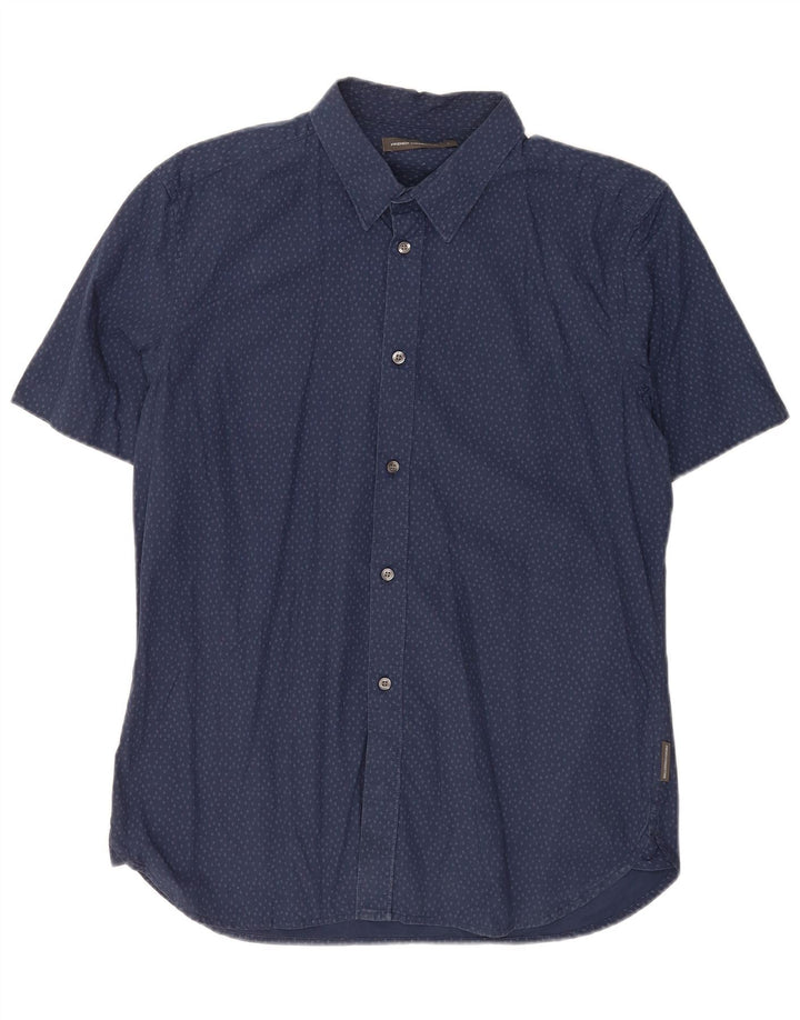 French Connection Herren-Kurzarmhemd, groß, marineblau gesprenkelte Baumwolle