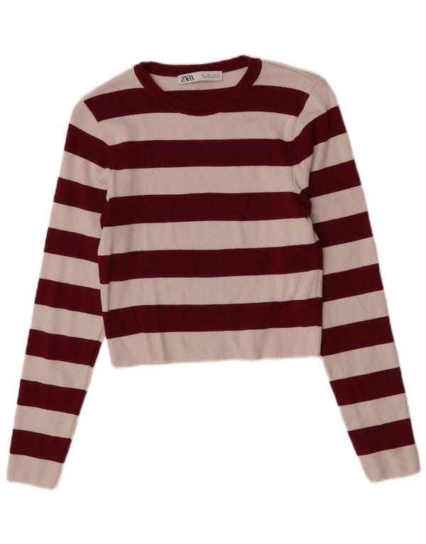 Zara Damen Crop Bluse Top UK 14 Große Burgunderrot gestreifte Viskose