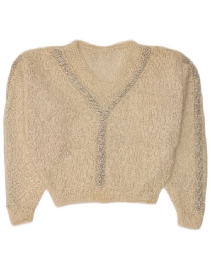 Vintage Damen Crop V-Ausschnitt Pullover Pullover UK 12 Medium Off White