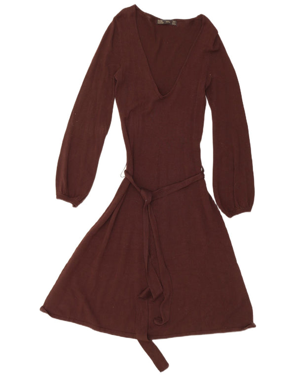 Zara Damen Langarm-Pulloverkleid UK 12 Mittelbraun Rayon