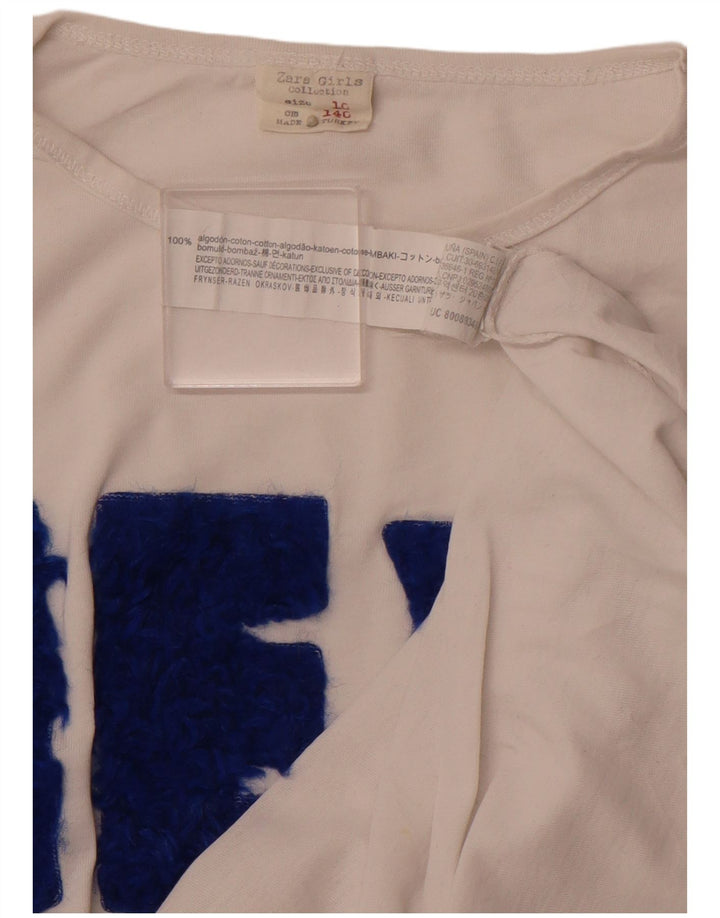 ZARA Mädchen-Grafik-Top, langärmlig, 9–10 Jahre, weiße Baumwolle