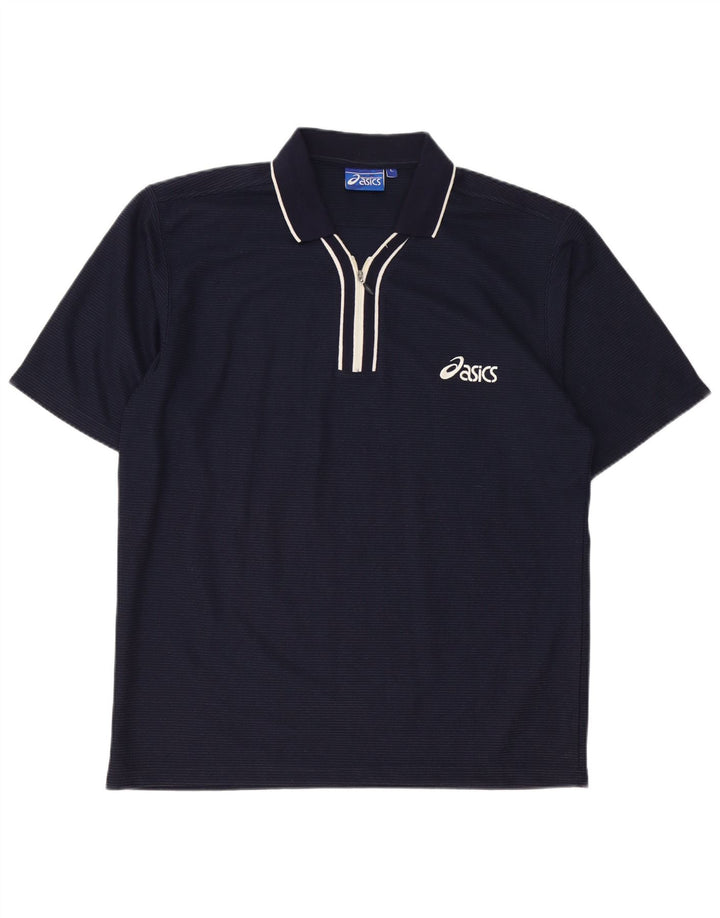 ASICS Herren-Poloshirt, groß, marineblau, Nadelstreifen-Baumwolle