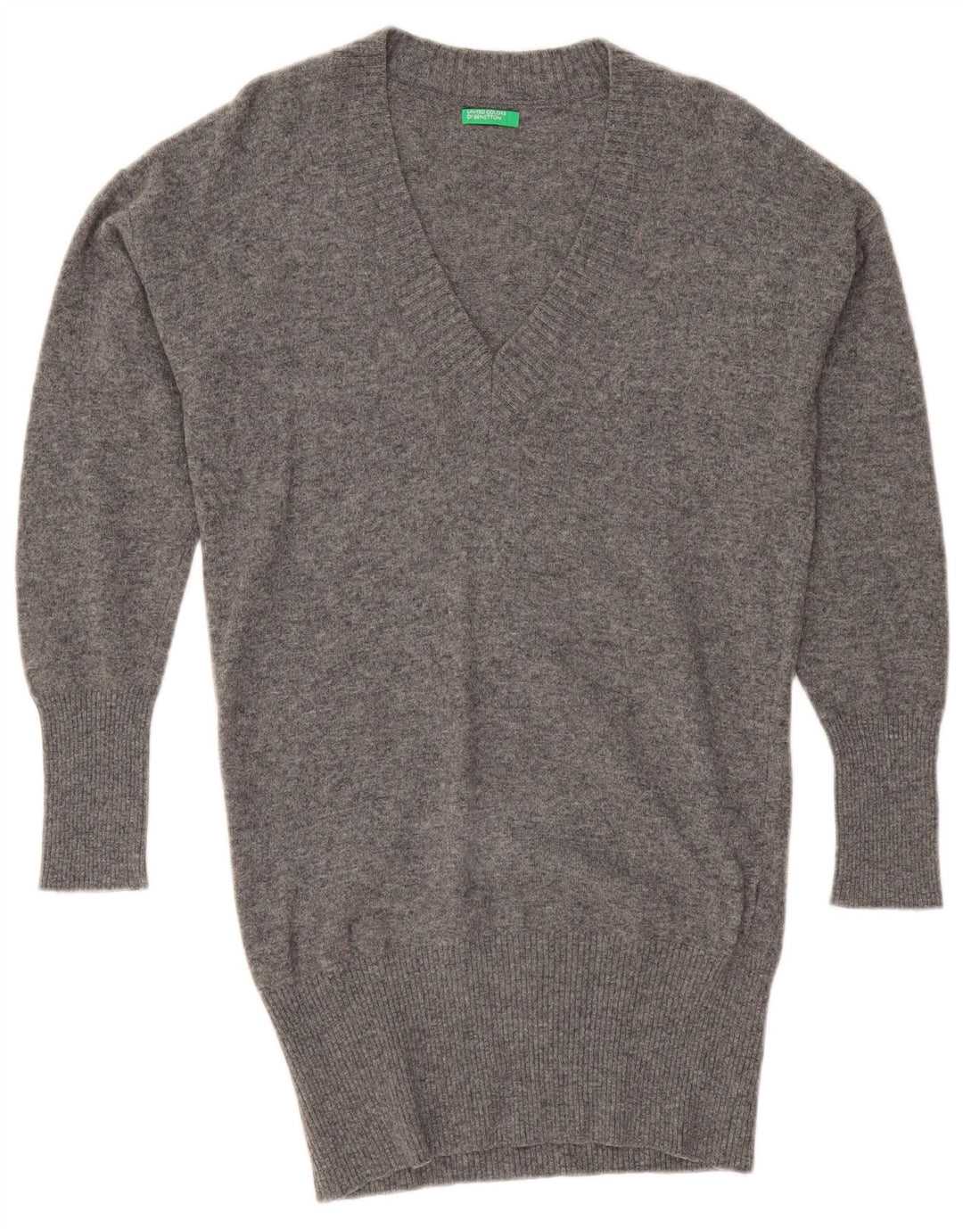 BENETTON Damen-Pullover, übergroß, lang geschnitten, mit V-Ausschnitt, Gr. 10, Größe S, Grau