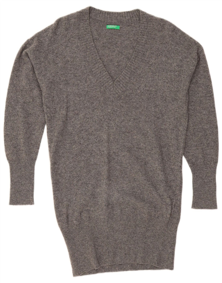 BENETTON Damen-Pullover, übergroß, lang geschnitten, mit V-Ausschnitt, Gr. 10, Größe S, Grau