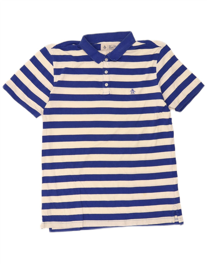 Penguin Herren-Poloshirt mit normaler Passform, mittelblau, gestreift, Baumwolle