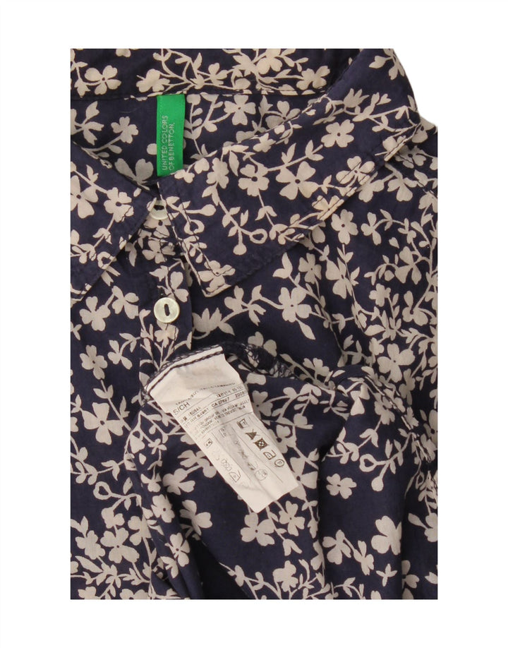 BENETTON Damen-Oversize-Hemd, UK 10, Größe S, marineblau, geblümt, Baumwolle