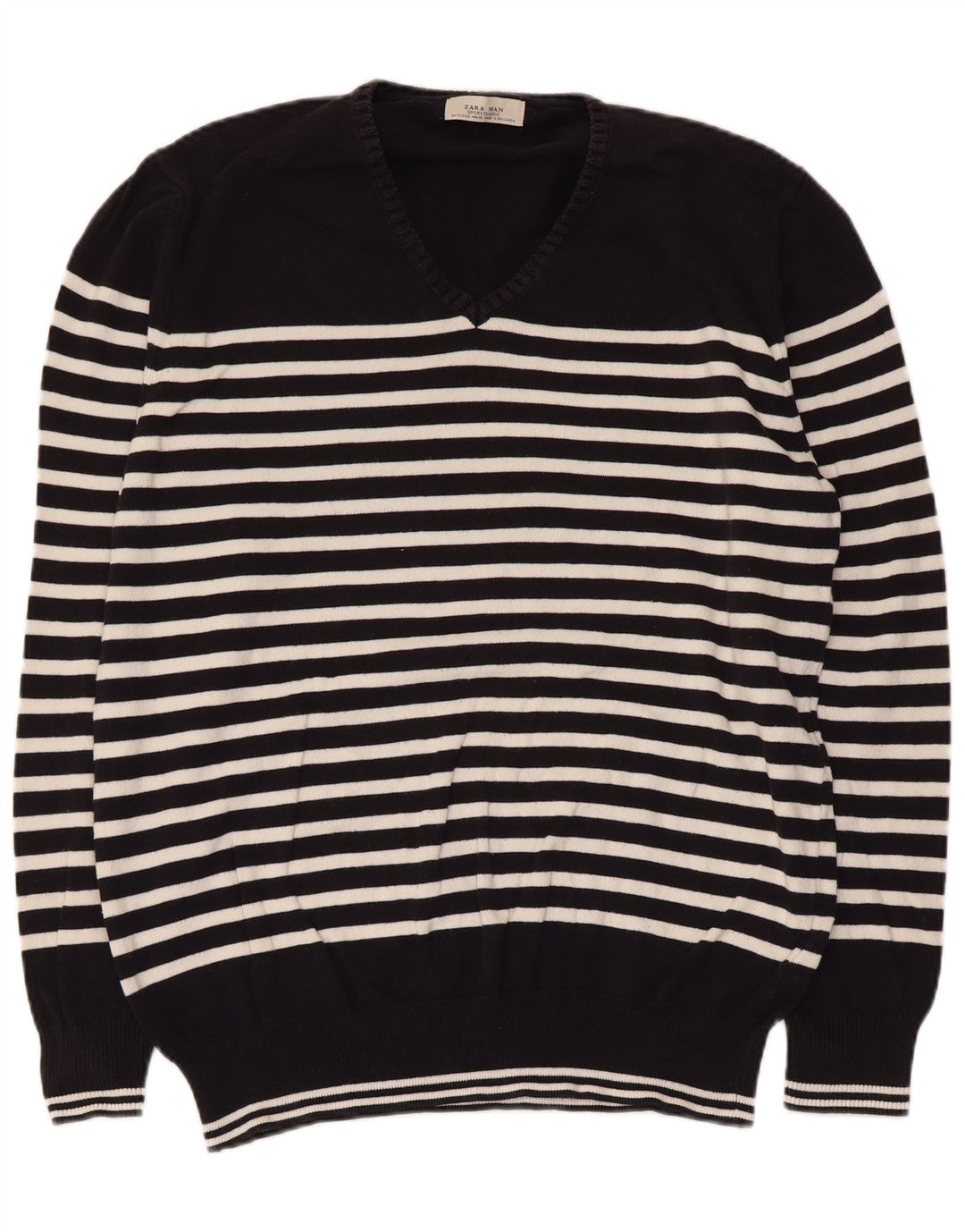 Zara Herren V-Ausschnitt Pullover Pullover XL Schwarz gestreift