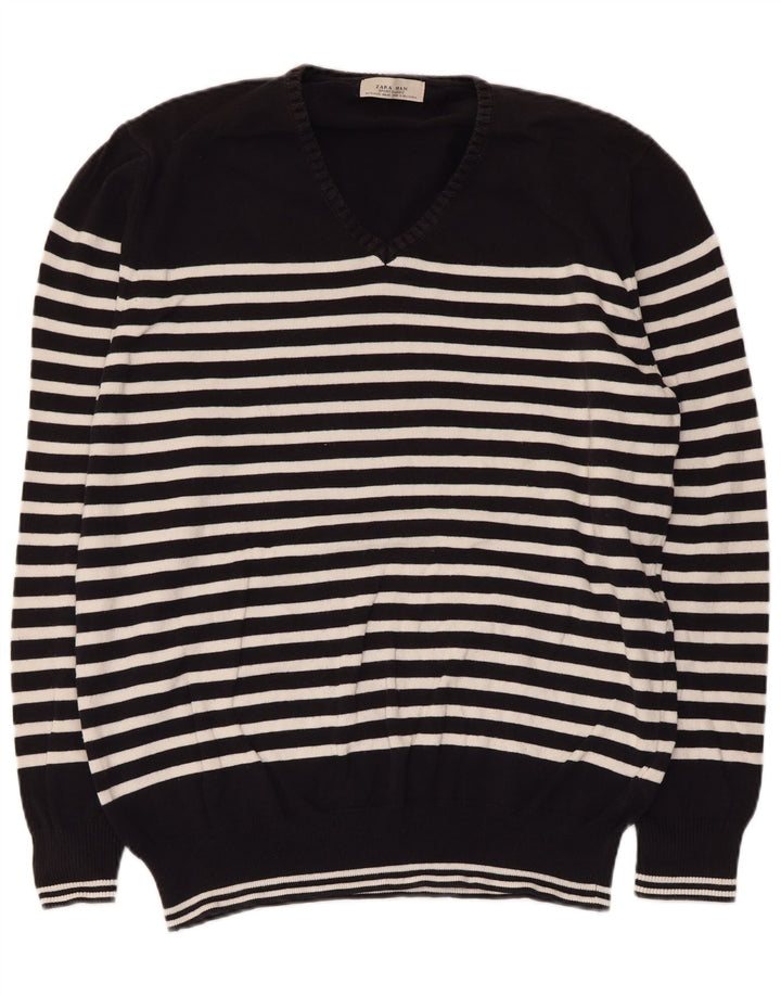 Zara Herren V-Ausschnitt Pullover Pullover XL Schwarz gestreift