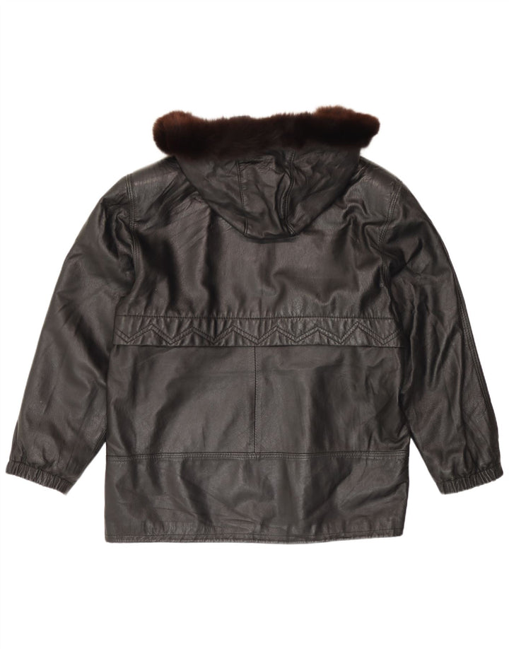 Vintage Damen Lederjacke mit Kapuze IT 46 Großes schwarzes Leder
