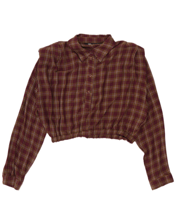 Zara Damen Crop Langarm-Blusenoberteil UK 16 Large Burgundy Check Viscose