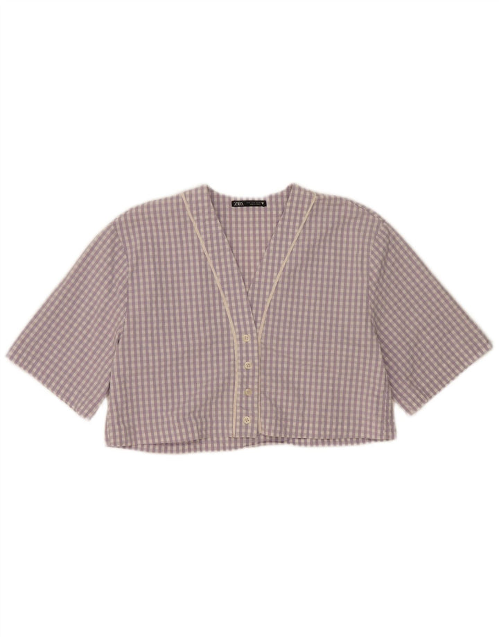 Zara Damen Crop-Oversize-Hemdbluse, UK 14, mittelviolette Karo-Baumwolle