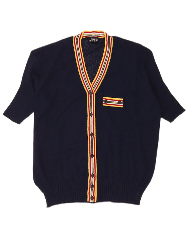 Vintage Damen Kurzarm-Cardigan-Pullover UK 12 Medium Navy Blue