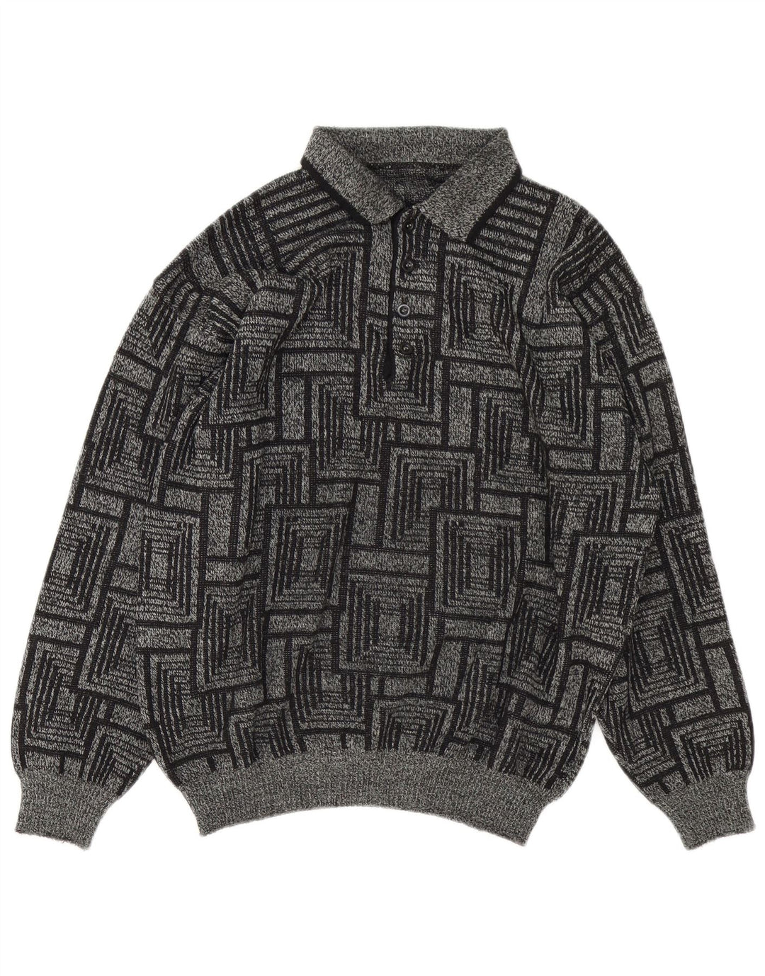Vintage Herren Polo-Kragen Pullover Sweater Groß Grau Geometrisch