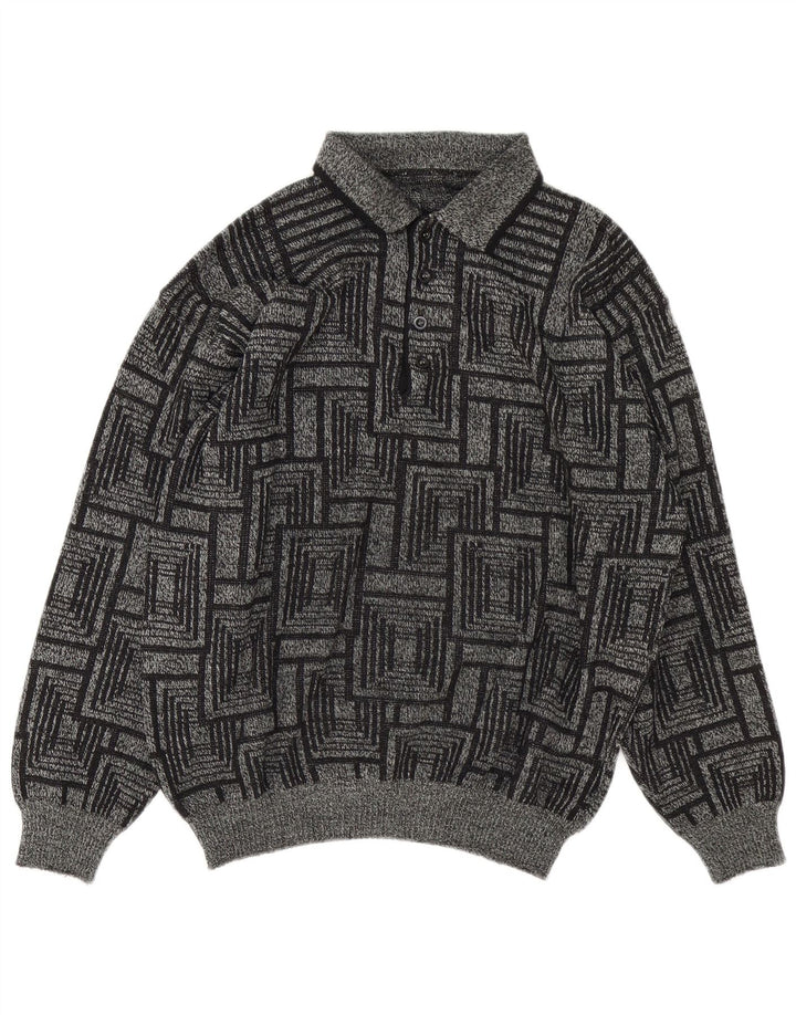Vintage Herren Polo-Kragen Pullover Sweater Groß Grau Geometrisch