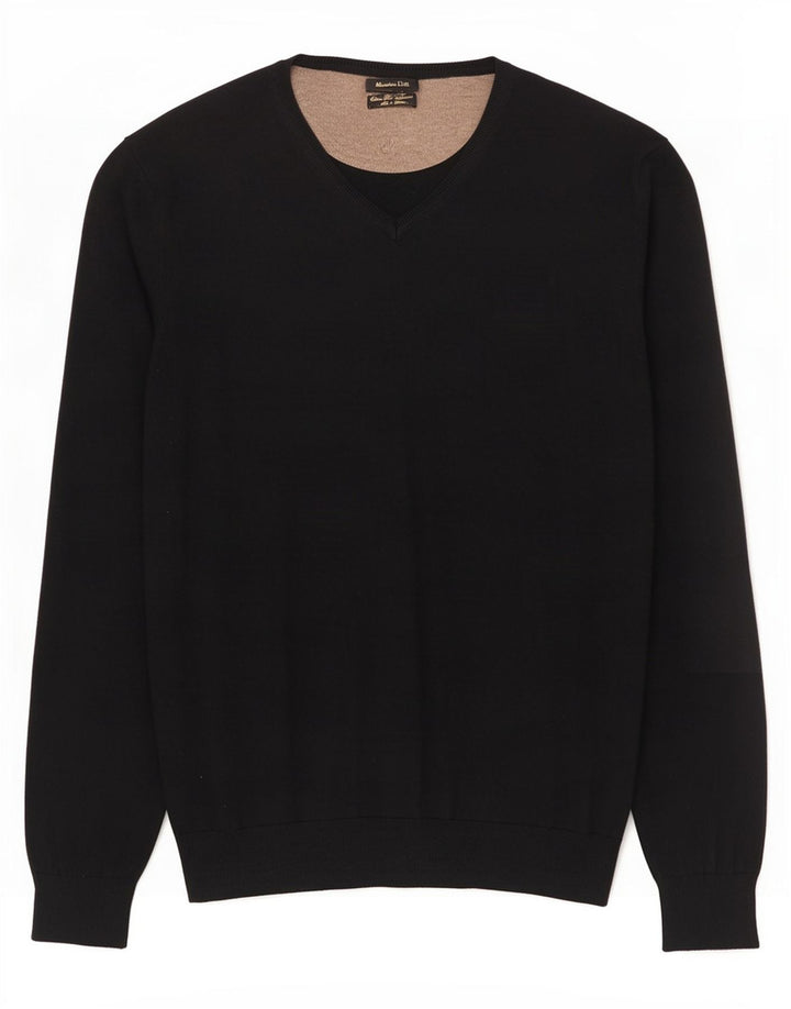 Massimo Dutti Herren-Pullover mit V-Ausschnitt, groß, aus schwarzer Baumwolle