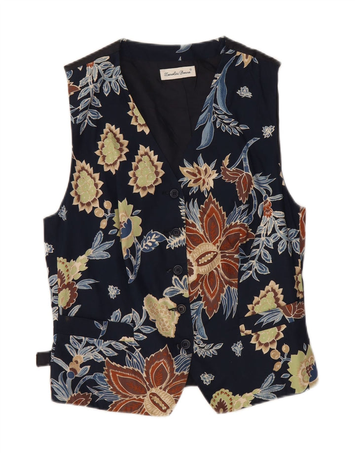 Vintage Damen Weste IT 44 Medium Marineblau Blumen Baumwolle