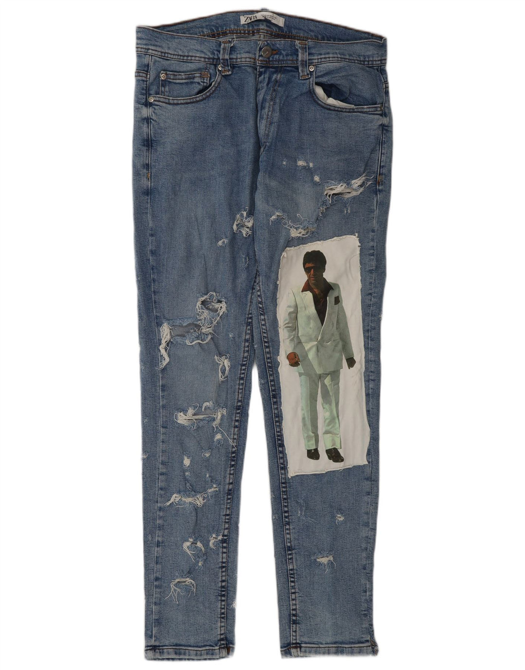 ZARA Herren Graphic Distressed Slim Jeans EU 42 Large W32 L32 Blau