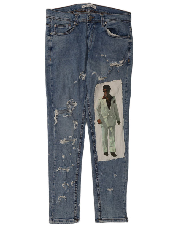 ZARA Mens Graphic Distressed Slim Jeans EU 42 Large W32 L32 Blue