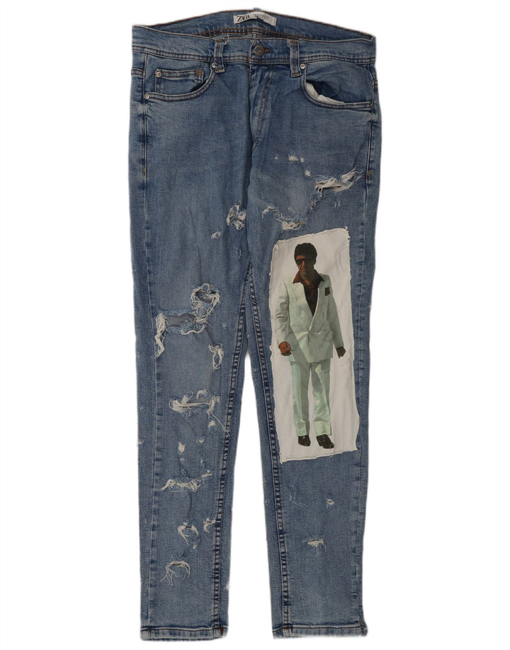 ZARA Herren Graphic Distressed Slim Jeans EU 42 Large W32 L32 Blau