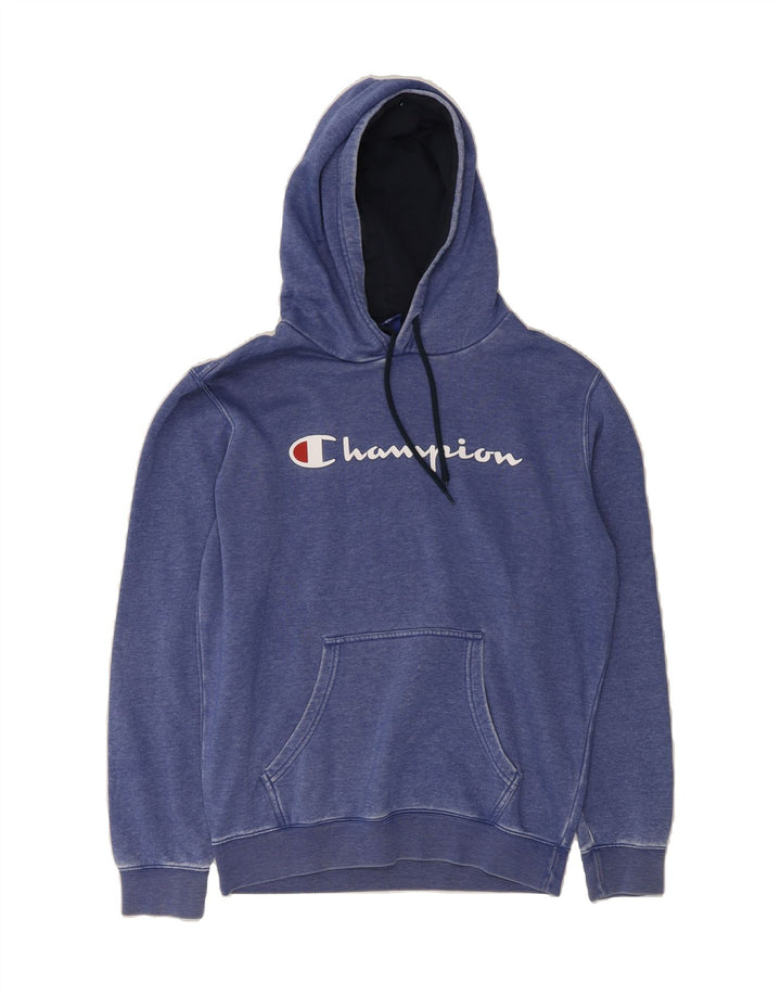 CHAMPION Mens Graphic Hoodie Jumper Medium Blue Cotton Vintage Champion and Second-Hand Champion from Messina Hembry 