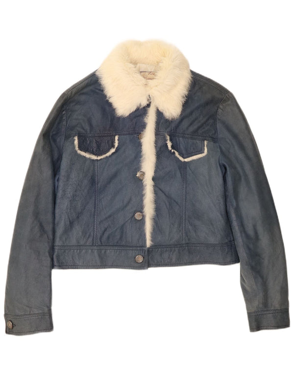 Lavorazione Artigiana Damen Crop Lederjacke UK 12 Mittelblau