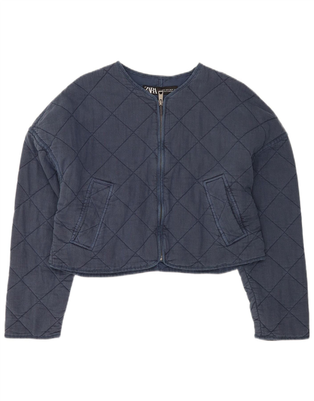 Zara Damen Crop Übergroße Steppjacke UK 14 Medium Marineblau Polyester