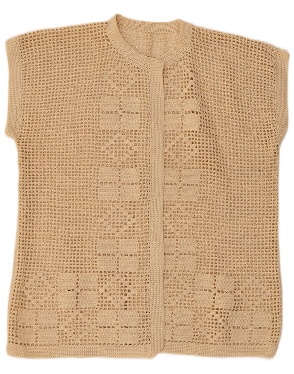 Vintage Damen Kurzarm-Cardigan-Pullover UK 14 Medium Beige Geometrisch