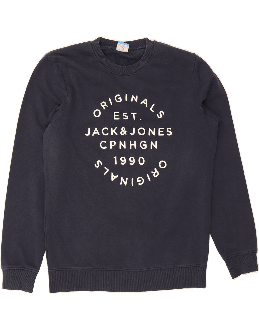 JACK & JONES Mens Originals Graphic Sweatshirt Jumper Medium Navy Blue Vintage Jack & Jones and Second-Hand Jack & Jones from Messina Hembry 