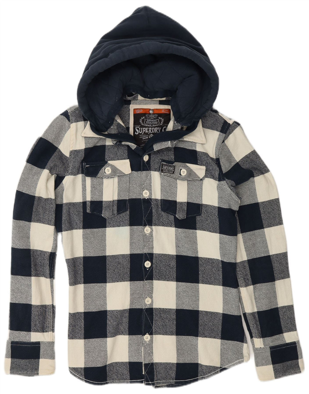 SUPERDRY Jungen-Flanellhemd mit Kapuze, 15–16 Jahre, groß, marineblaues Chevronmuster