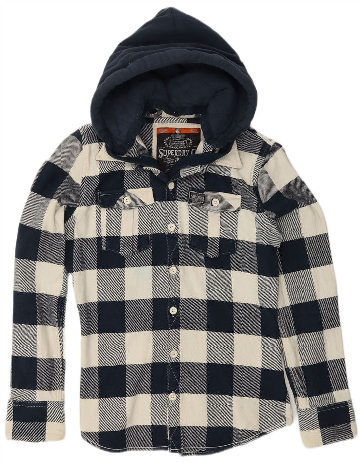 SUPERDRY Jungen-Flanellhemd mit Kapuze, 15–16 Jahre, groß, marineblaues Chevronmuster