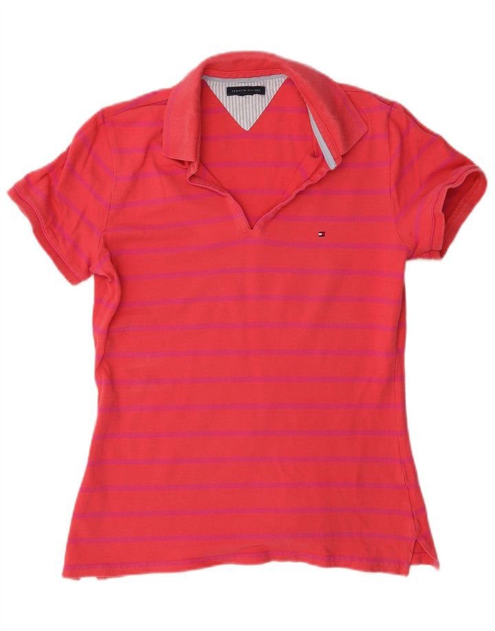 Tommy Hilfiger Damen-Poloshirt mit normaler Passform, UK 14, mittelrot gestreift