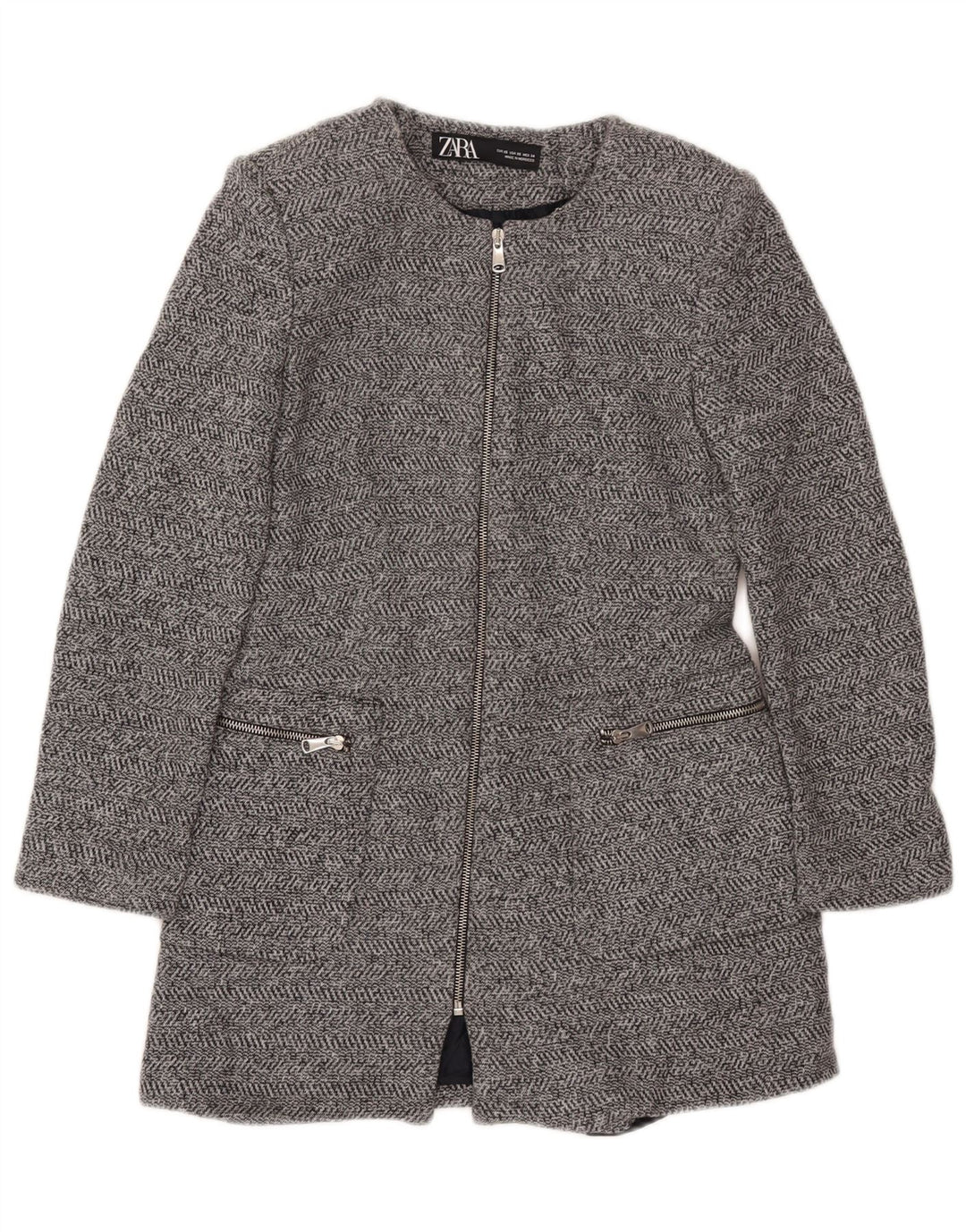 ZARA Damen Strick-Longline-Blazerjacke UK 6 XS Graue Herringbone-Baumwolle