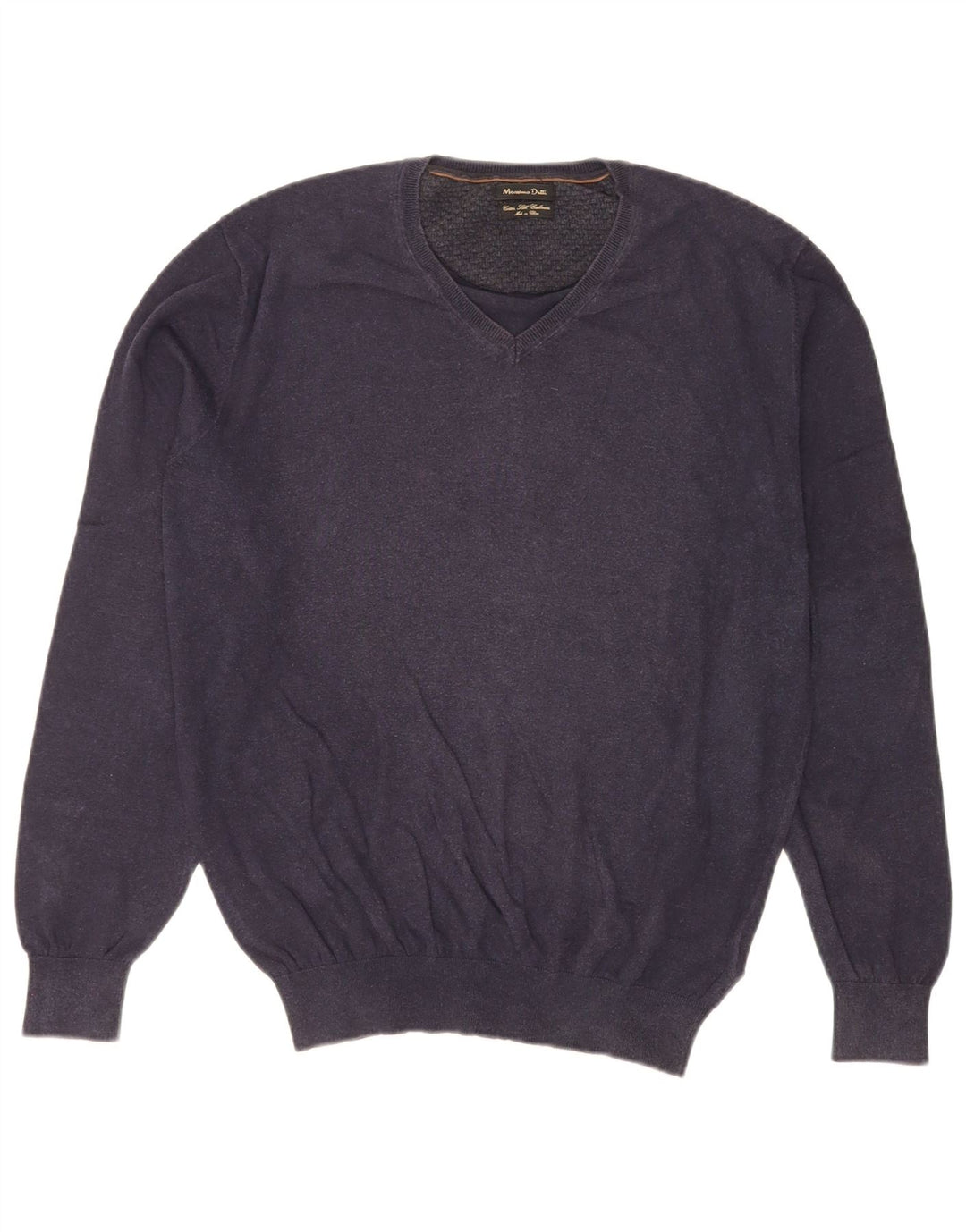 Massimo Dutti Herren-Pullover mit V-Ausschnitt, groß, marineblaue Baumwolle