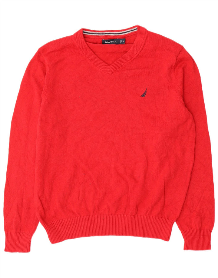 Nautica Herren-Pullover mit V-Ausschnitt aus mittelroter Baumwolle