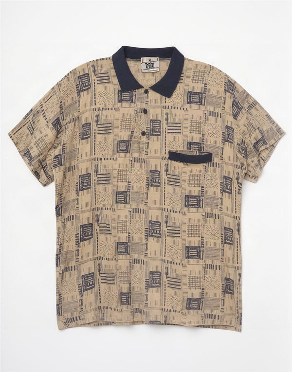 Vintage Herren Kurzarm Pullover Shirt XL Beige Patchwork Viskose