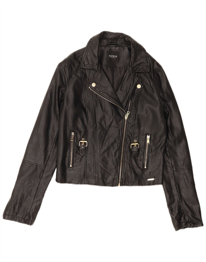 Guess Damen Crop Kunstleder Bikerjacke UK 12 Medium Schwarz Polyurethan