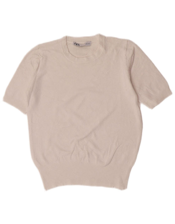 Zara Damen Crop Short Sleeve Crew Neck Pullover Pullover UK 10 Small Weiß