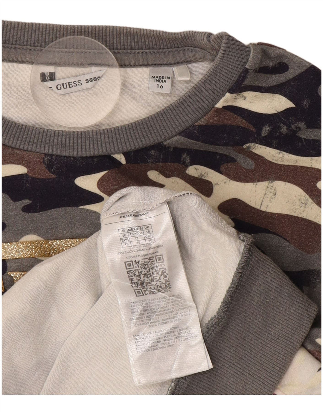 GUESS Damen Crop Graphic Sweatshirt Pullover UK 16 Large Graue Tarnung