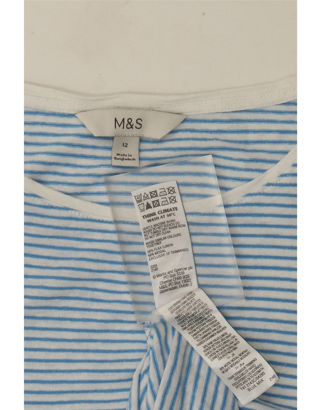 Marks & Spencer Damen T-Shirt Top UK 12 Mittelblau gestreiftes Leinen