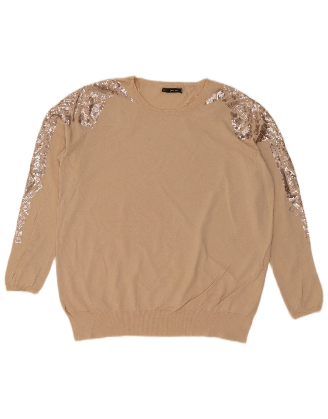 Zara Damen-Pullover mit Rundhalsausschnitt, Gr. 14, Mittelbeige, geometrisch